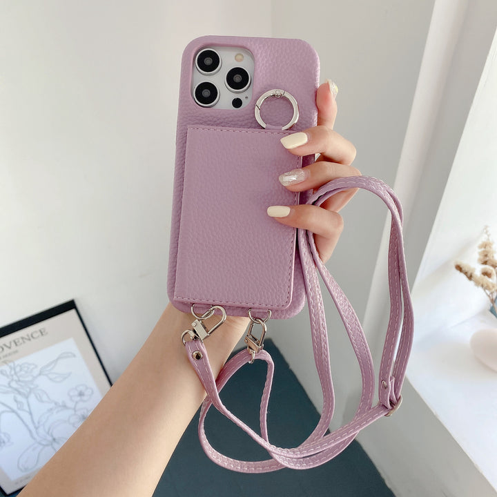 Leather Phone Case with Lychee Pattern and Open Beauty Mirror Feature