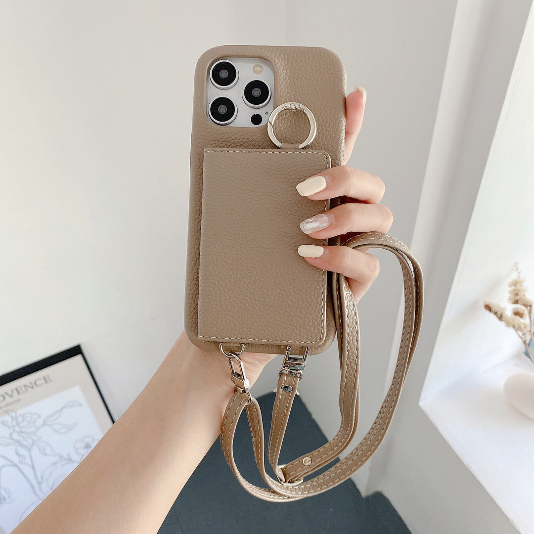 Leather Phone Case with Lychee Pattern and Open Beauty Mirror Feature