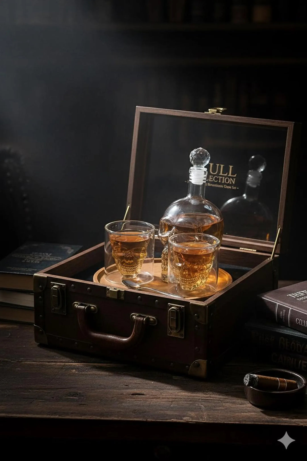 Skull Whiskey Decanter Set – 350ml Crystal Skull Decanter with 2 Double-Wall Glasses | Gothic Barware Gift Set