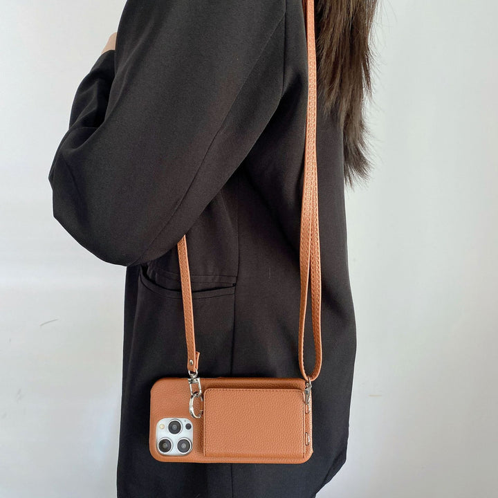 Leather Phone Case with Lychee Pattern and Open Beauty Mirror Feature
