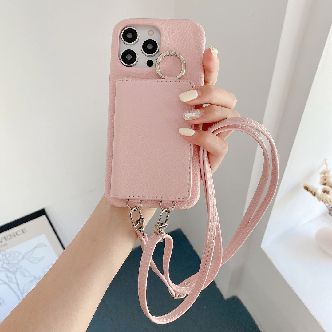 Leather Phone Case with Lychee Pattern and Open Beauty Mirror Feature