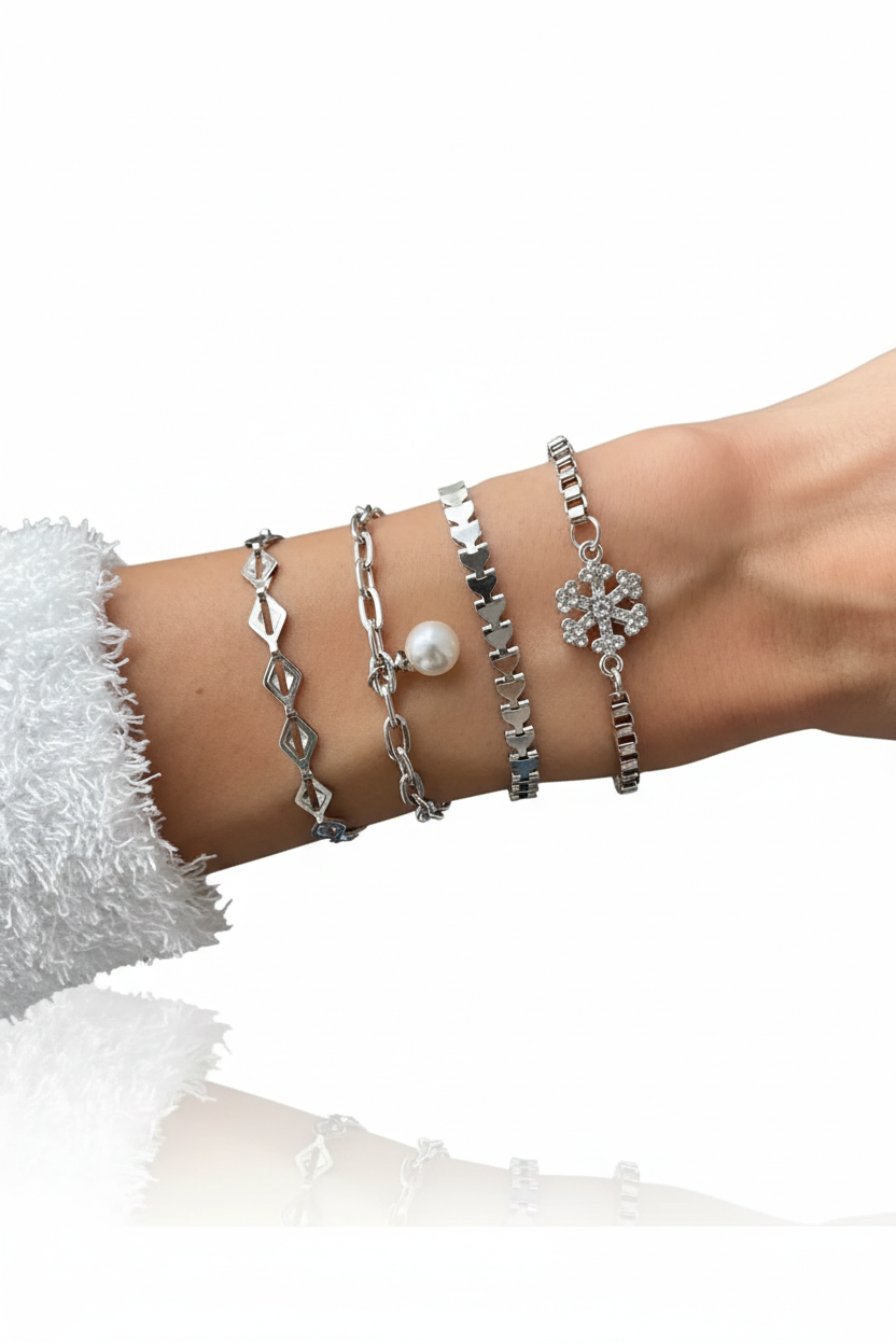 Snowflake Layered Bracelet Set Adjustable Four Piece Stackable Elegant Winter Style Fashion Jewelry Gift for Her