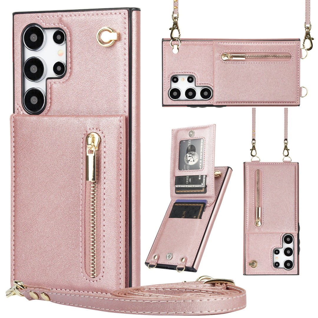 Lädertelefonfodral med kort crossbody-zip för Samsung-telefoner