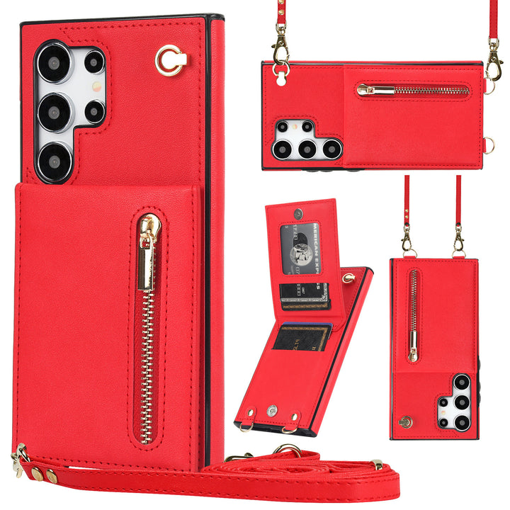 Lädertelefonfodral med kort crossbody-zip för Samsung-telefoner