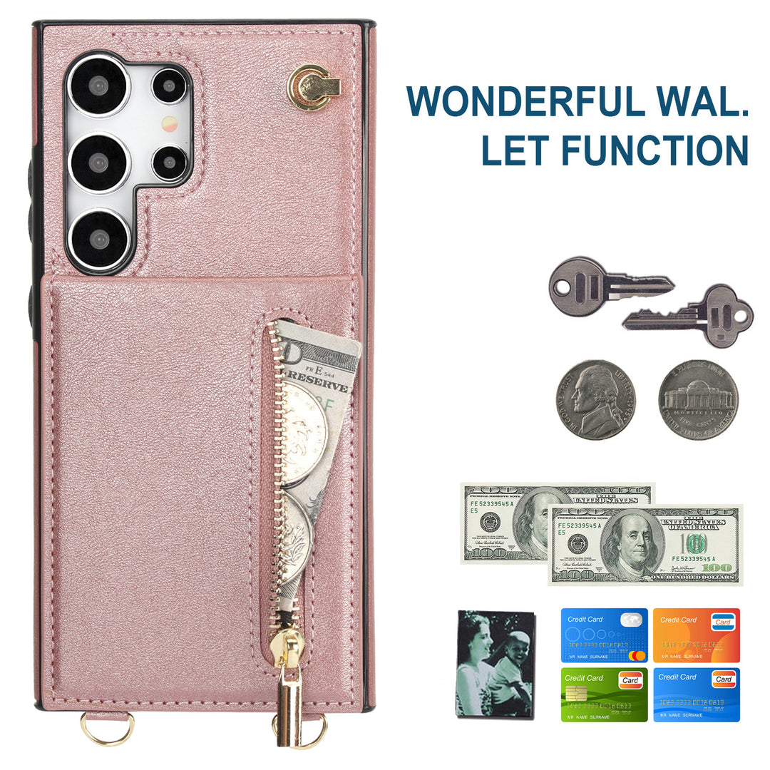 Lädertelefonfodral med kort crossbody-zip för Samsung-telefoner