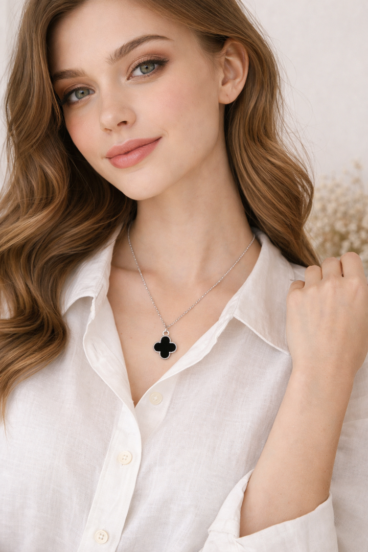 Stainless Steel Silver Black Clover Necklace for Women