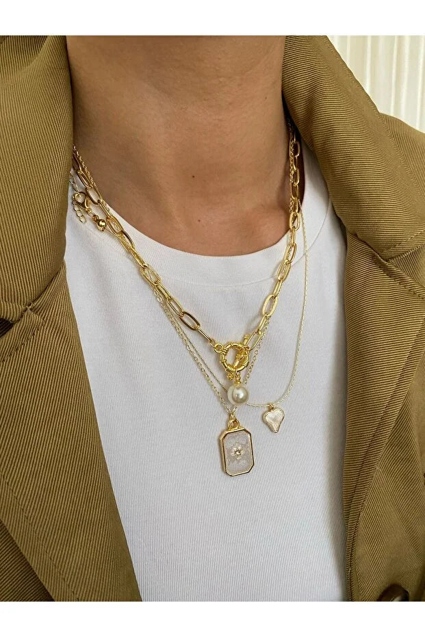 Pole Star Pearl Enamel Necklace Set Three Piece Layered Adjustable Fashion Jewelry Gift for Her