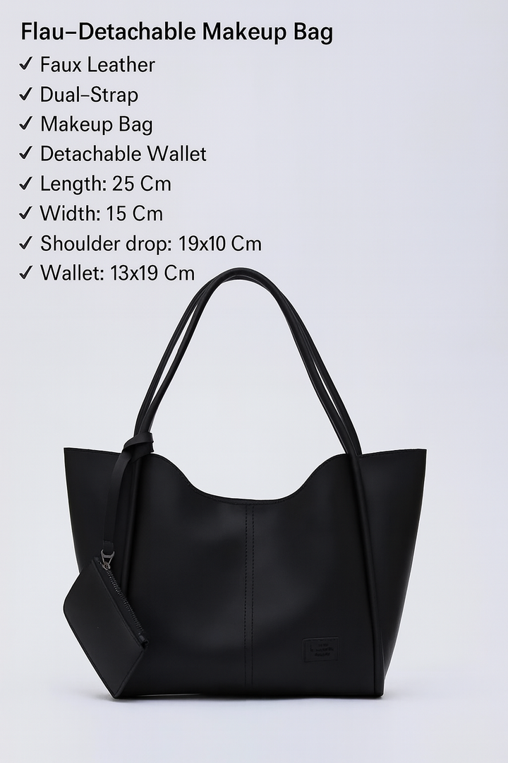 Black SHK108 snap closure faux leather women hand and shoulder bag with detachable wallet and makeup bag spacious daily