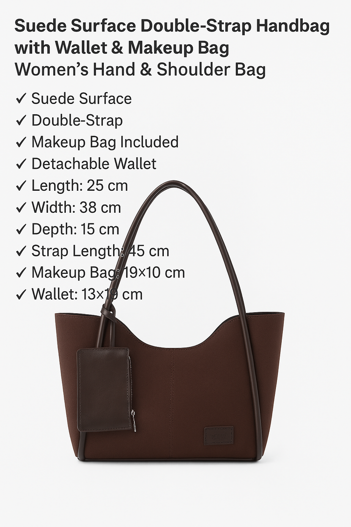 Brown suede SHK108 women hand and shoulder bag with wallet and makeup bag
