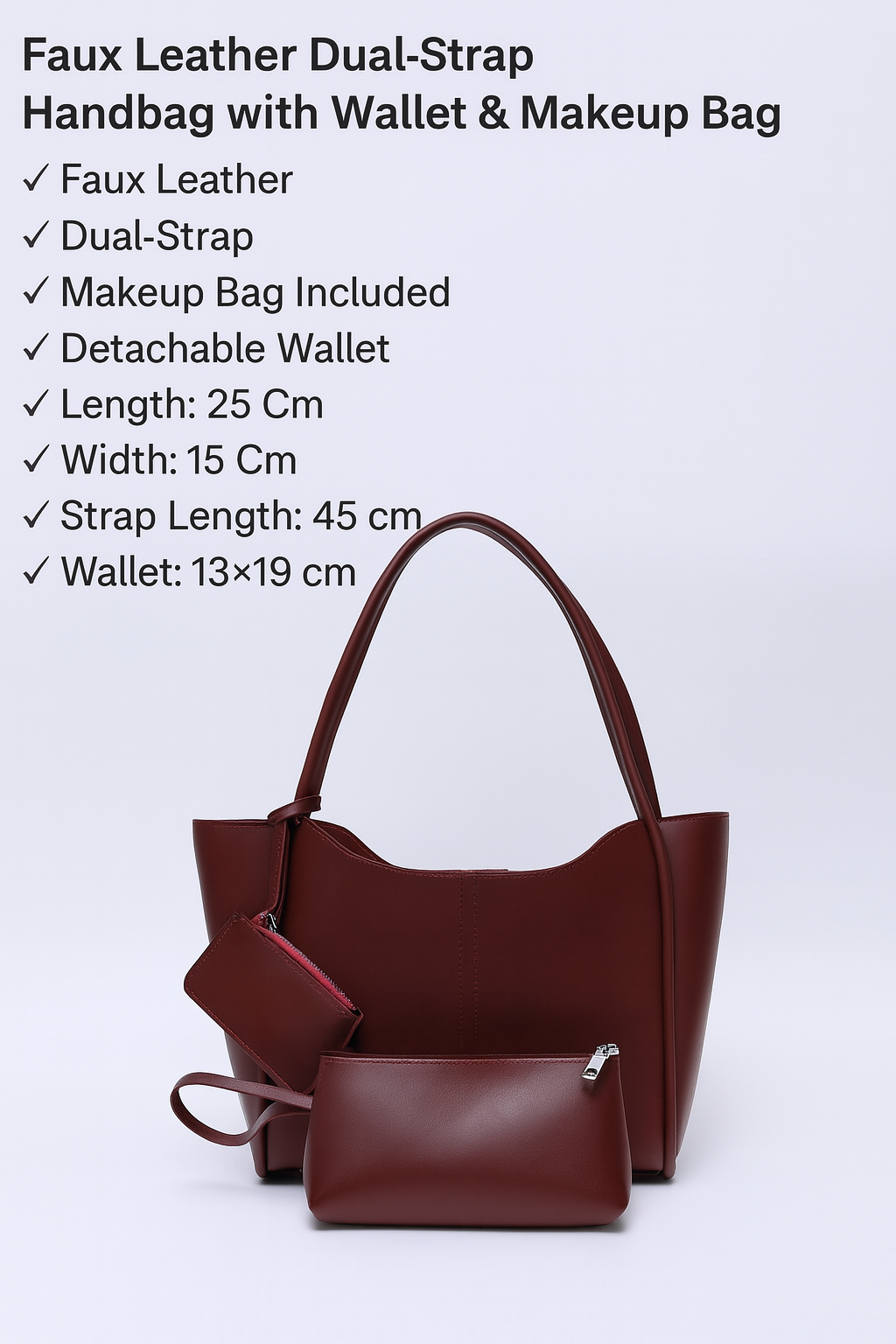 Burgundy SHK108 faux leather women hand and shoulder bag with wallet and makeup bag