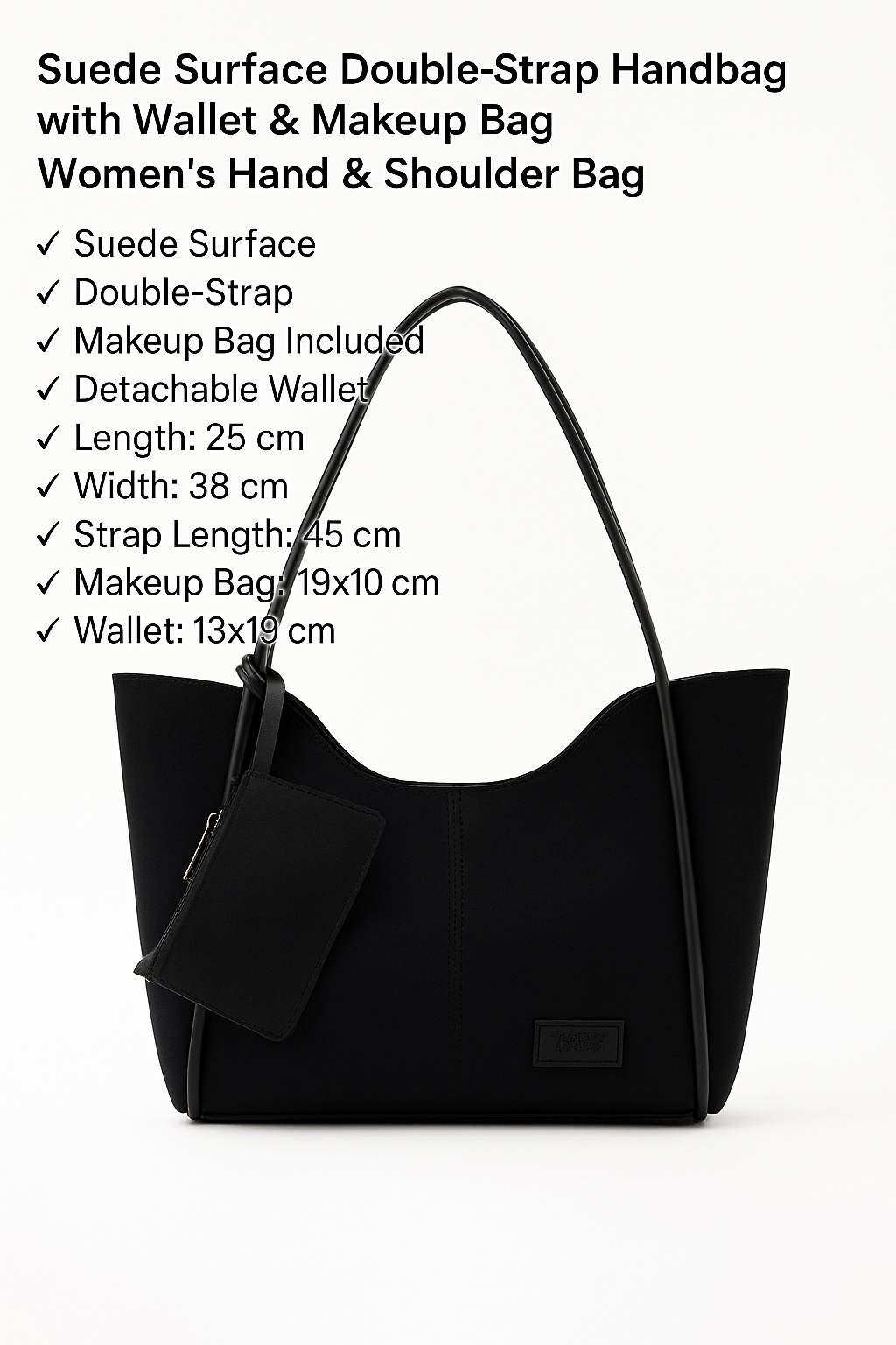 Black suede SHK108 women hand and shoulder bag with wallet and makeup bag