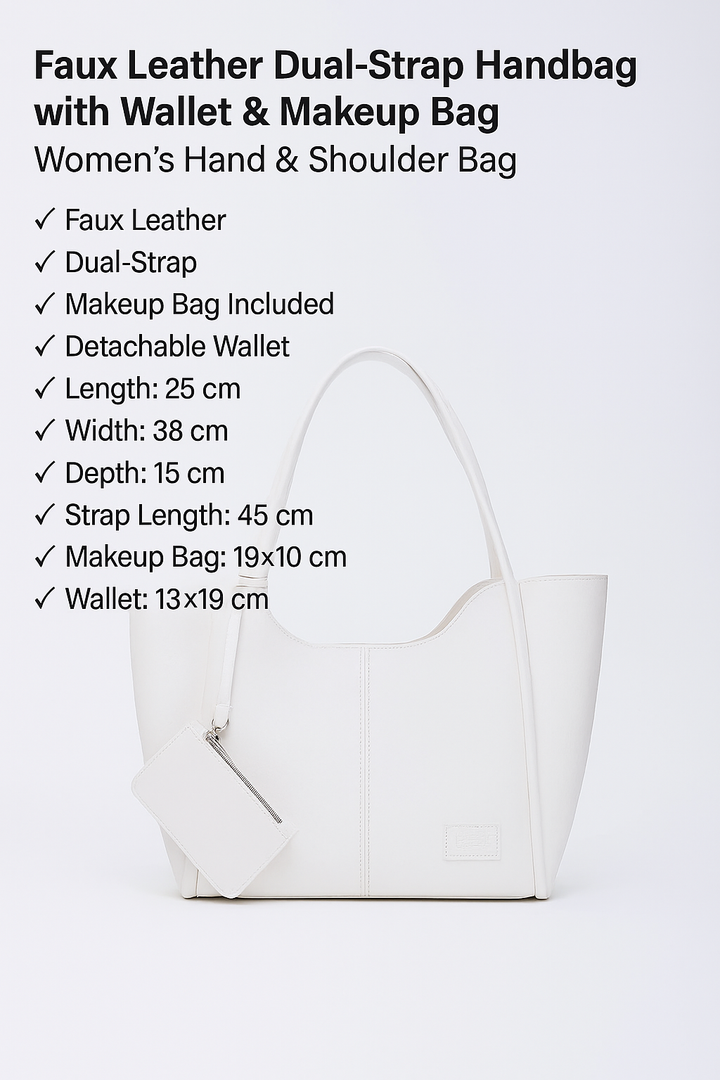White SHK108 faux leather women hand and shoulder bag with wallet and makeup bag