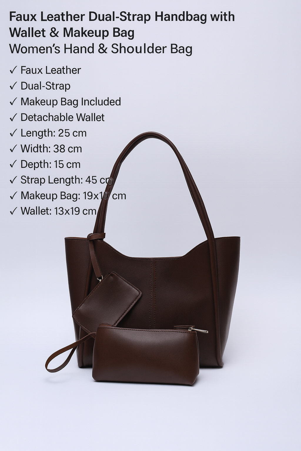 Brown SHK108 faux leather women hand and shoulder bag with wallet and makeup bag