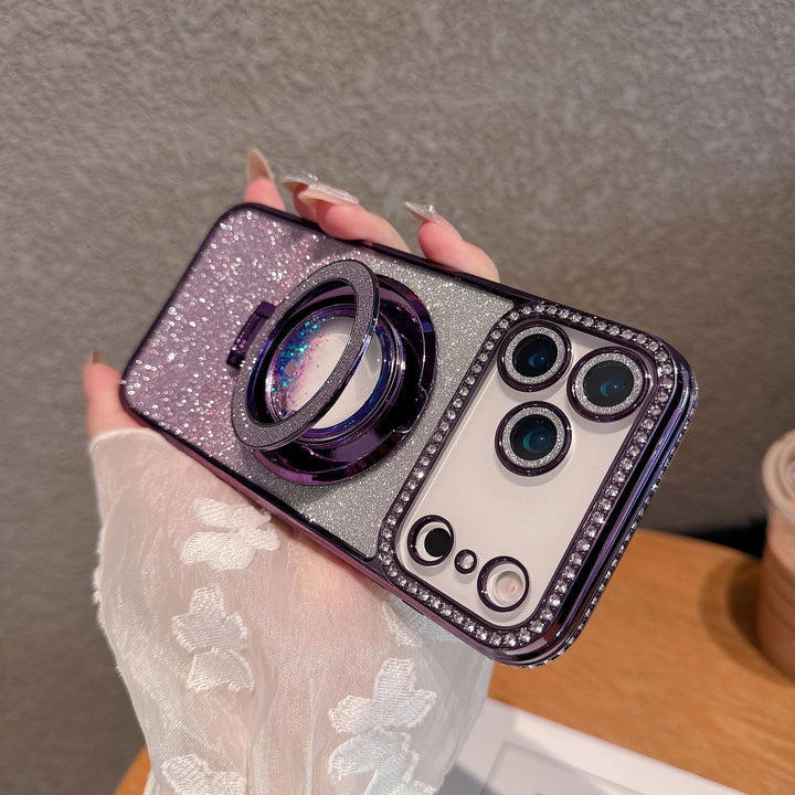 Gradient Flash Shell Phone Case with Magnetic Bracket in Black Silver and Purple