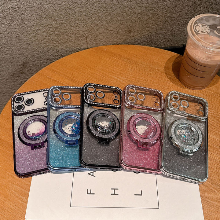 Gradient Flash Shell Phone Case with Magnetic Bracket in Black Silver and Purple