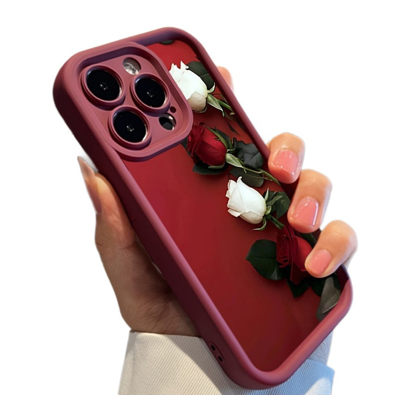 Röd vit ros bambuhölje för telefon kompatibel med iPhone och stötsäker