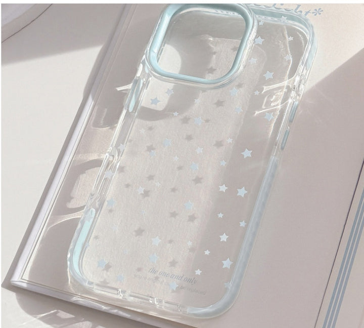 Ins Style Blue Phone Case with Blue Stars and Geometric Design
