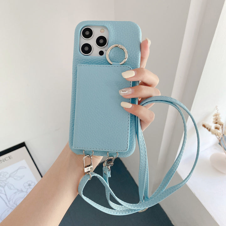 Leather Phone Case with Lychee Pattern and Open Beauty Mirror Feature