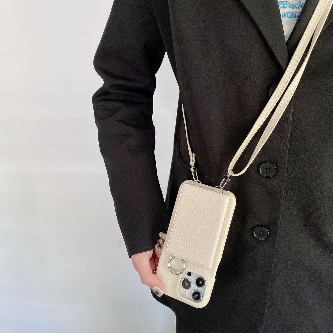 Leather Phone Case with Lychee Pattern and Open Beauty Mirror Feature