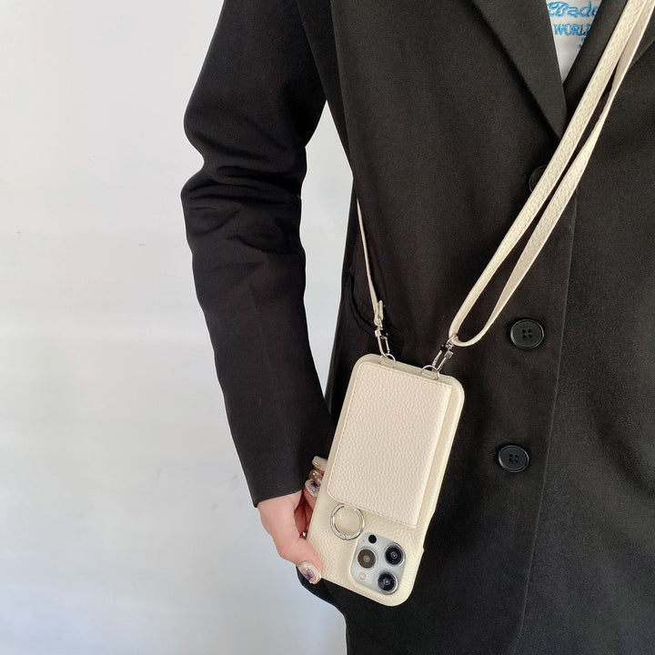 Leather Phone Case with Lychee Pattern and Open Beauty Mirror Feature