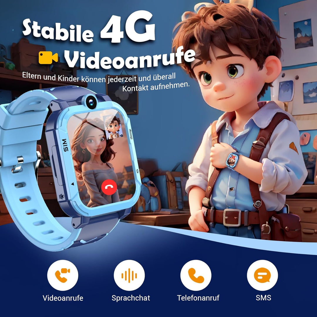 4G Android Barn Smartklocka med SIM-kort, GPS + WiFi + LBS Spårare, Vattentät IP67, SOS Nödsamtalsknapp, HD Videosamtal, Röstchatt, SMS, Skolläge, Fjärrövervakning, Kamera, Musikspelare, Flera Språk, Föräldrakontroll, Barns Smartklocka
