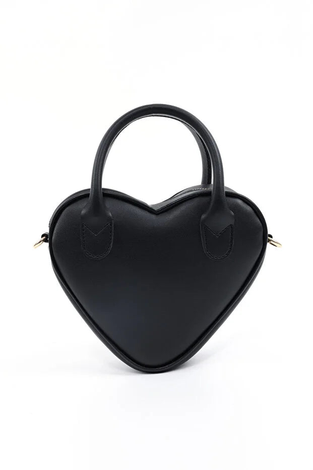 Black Heart Shaped Faux Leather Zipper Bag Single Compartment Hand Arm and Shoulder Bag