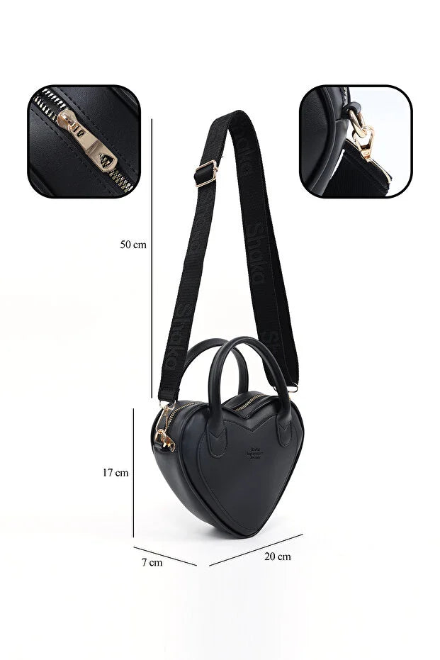 Black Heart Shaped Faux Leather Zipper Bag Single Compartment Hand Arm and Shoulder Bag