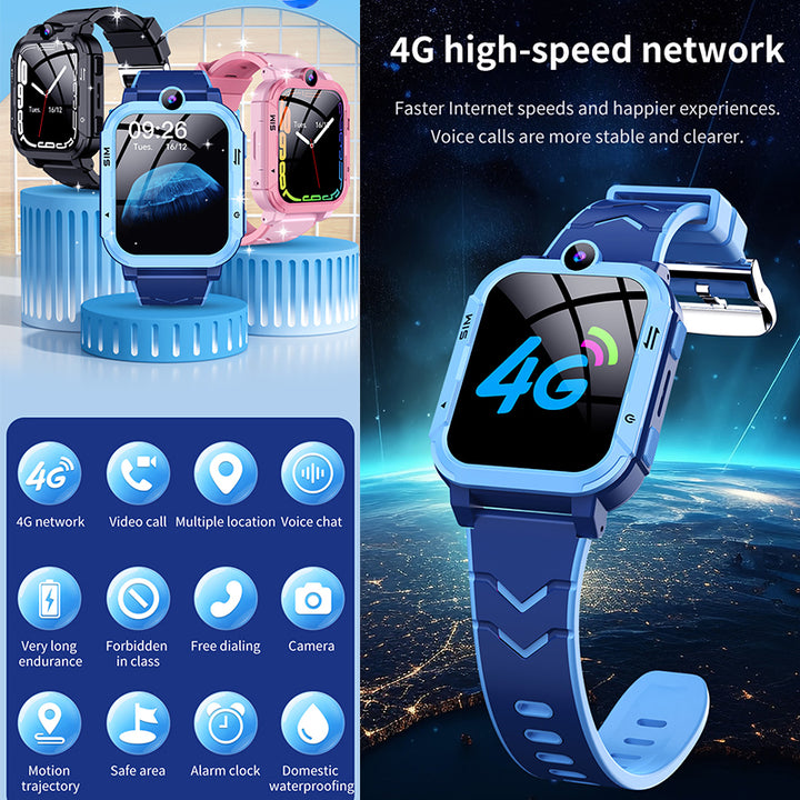 4G Android Barn Smartklocka med SIM-kort, GPS + WiFi + LBS Spårare, Vattentät IP67, SOS Nödsamtalsknapp, HD Videosamtal, Röstchatt, SMS, Skolläge, Fjärrövervakning, Kamera, Musikspelare, Flera Språk, Föräldrakontroll, Barns Smartklocka