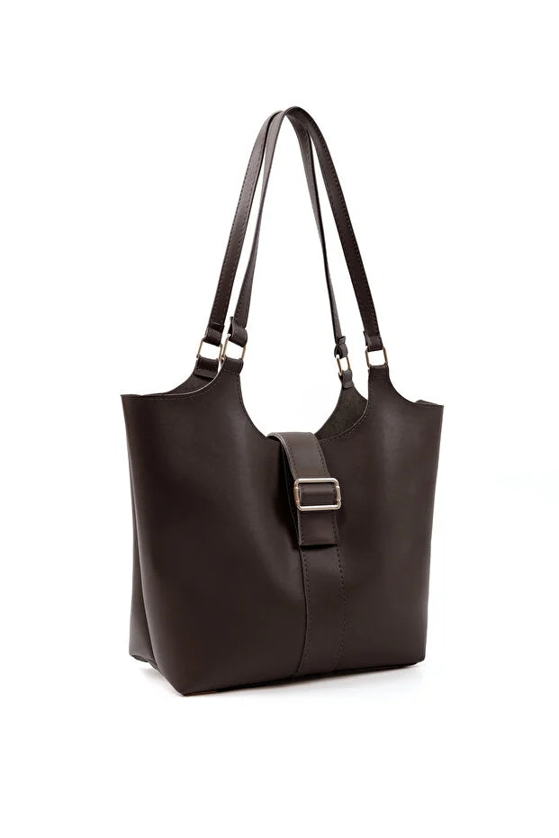 Brown Faux Leather Snap Closure Crossbody Hand Bag Single Compartment Shoulder Arm and Handbag