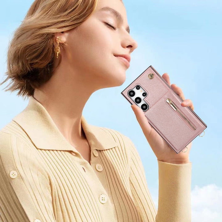 Lädertelefonfodral med kort crossbody-zip för Samsung-telefoner