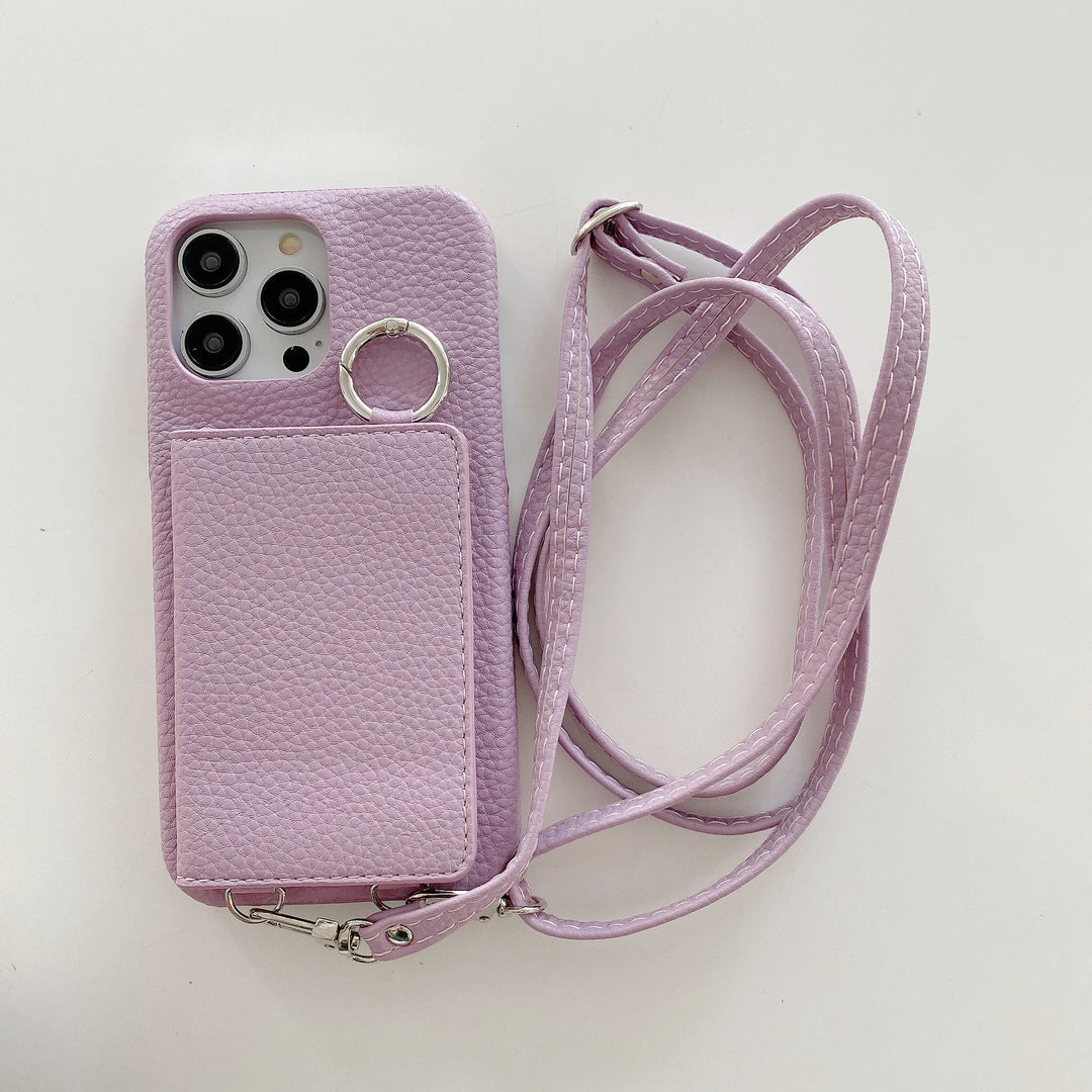 Leather Phone Case with Lychee Pattern and Open Beauty Mirror Feature