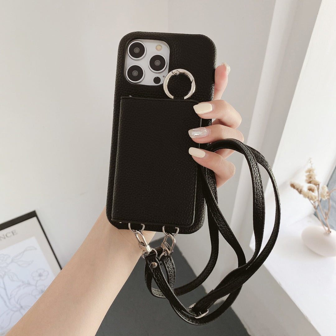 Leather Phone Case with Lychee Pattern and Open Beauty Mirror Feature