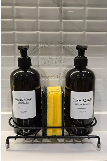 2-Piece Dish Soap Dispenser Set with Metal Stand Kitchen Bathroom Countertop Soap and Sponge Holder