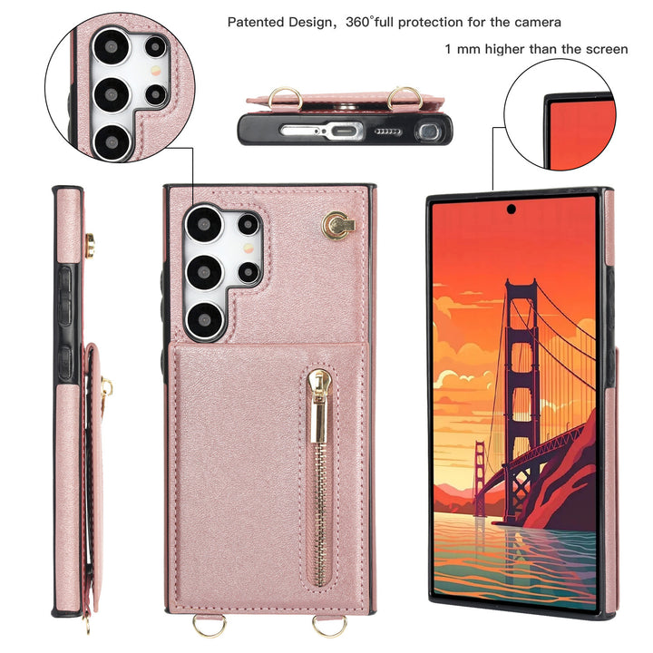 Lädertelefonfodral med kort crossbody-zip för Samsung-telefoner