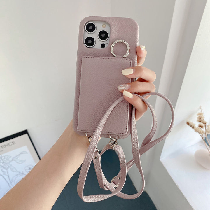 Leather Phone Case with Lychee Pattern and Open Beauty Mirror Feature