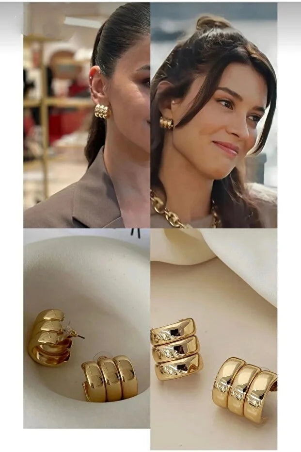 Premium Three Row Steel Rounded Earrings for Women Elegant Daily Jewelry