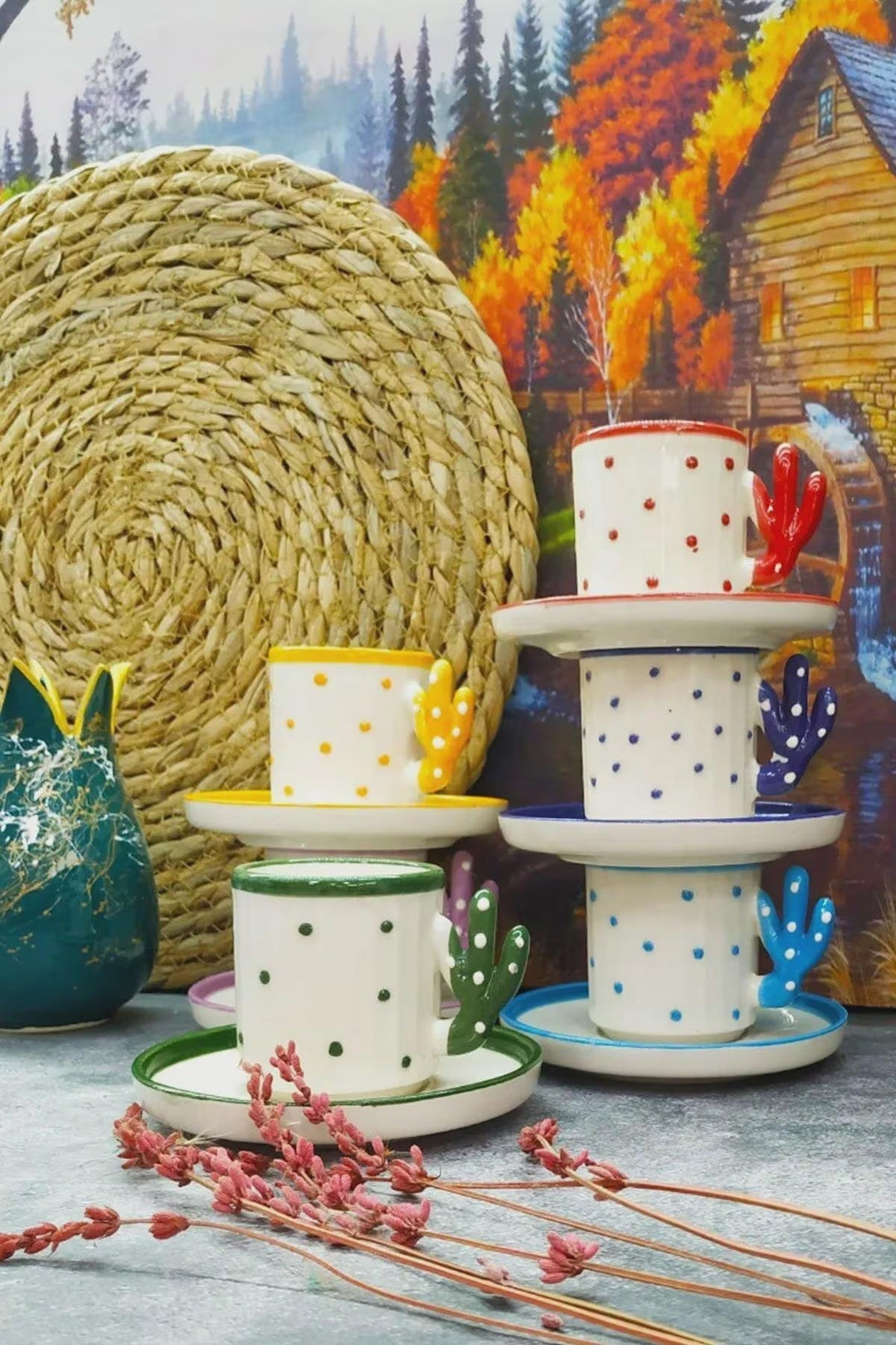 Handmade Cactus Turkish Coffee Cup Set for 6 with Boho Design - cactus turkish coffee handmade perfect gift