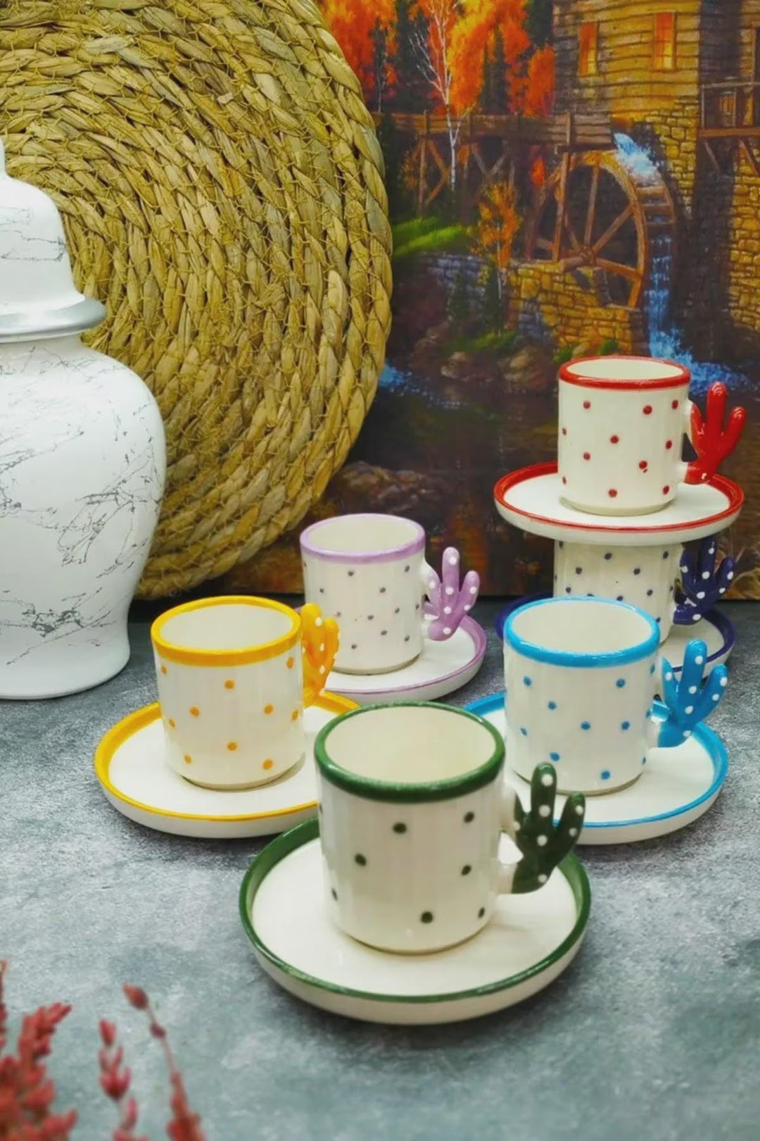 Handmade Cactus Turkish Coffee Cup Set for 6 with Boho Design - cactus turkish coffee handmade perfect gift