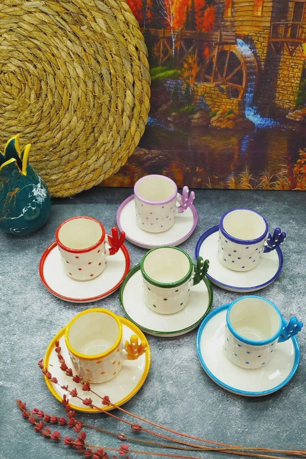 Handmade Cactus Turkish Coffee Cup Set for 6 with Boho Design - cactus turkish coffee handmade perfect gift