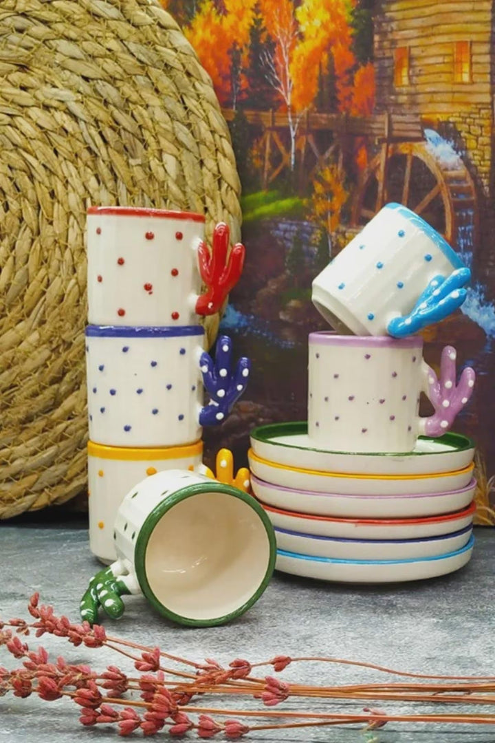 Handmade Cactus Turkish Coffee Cup Set for 6 with Boho Design - cactus turkish coffee handmade perfect gift