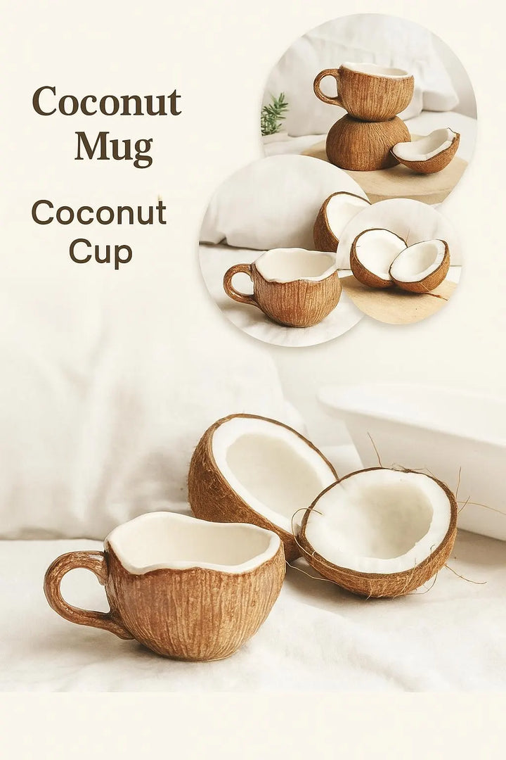 Handmade Ceramic Coconut Design Cup for Tropical Themed Drinkware - Teleplus Vibes handmade ceramic coconut design