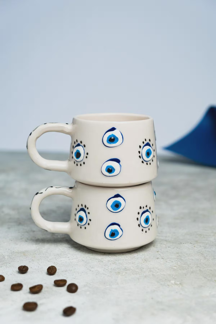 Handmade Ceramic Evil Eye Mug Set for Protection and Style - handmade ceramic evil eye mug set