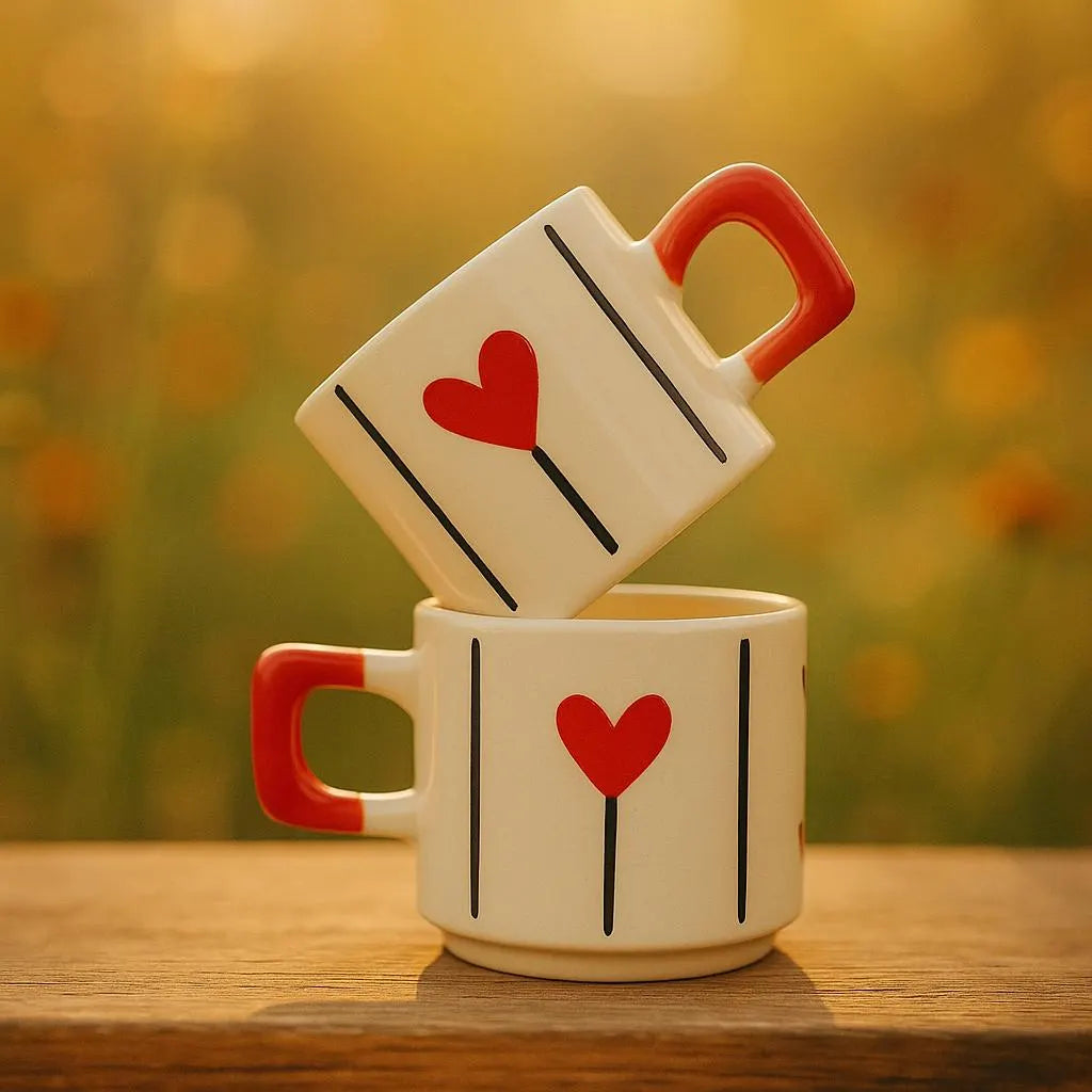 Handmade Ceramic Heart Mugs Set with Red Design for Elegant Gifts - ceramic heart mugs handmade red design
