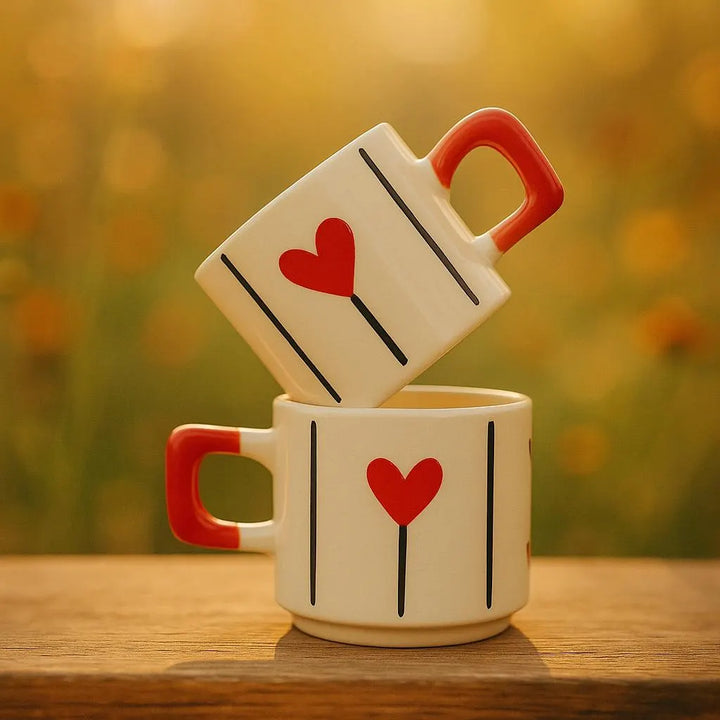 Handmade Ceramic Heart Mugs Set with Red Design for Elegant Gifts - ceramic heart mugs handmade red design