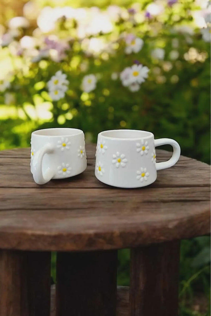 Handmade Ceramic Mug Set with Yellow Daisy Design for Coffee and Tea - Teleplus handmade ceramic mug yellow daisy design