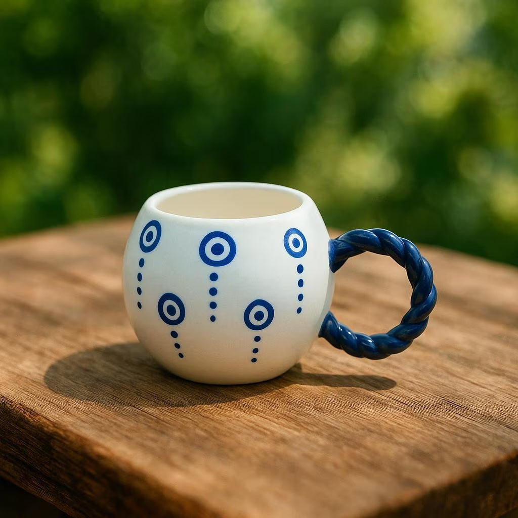 Handmade Ceramic Mugs with Embossed Evil Eye Symbol Set of 2 - Teleplus handmade ceramic mugs turkish coffee embossed