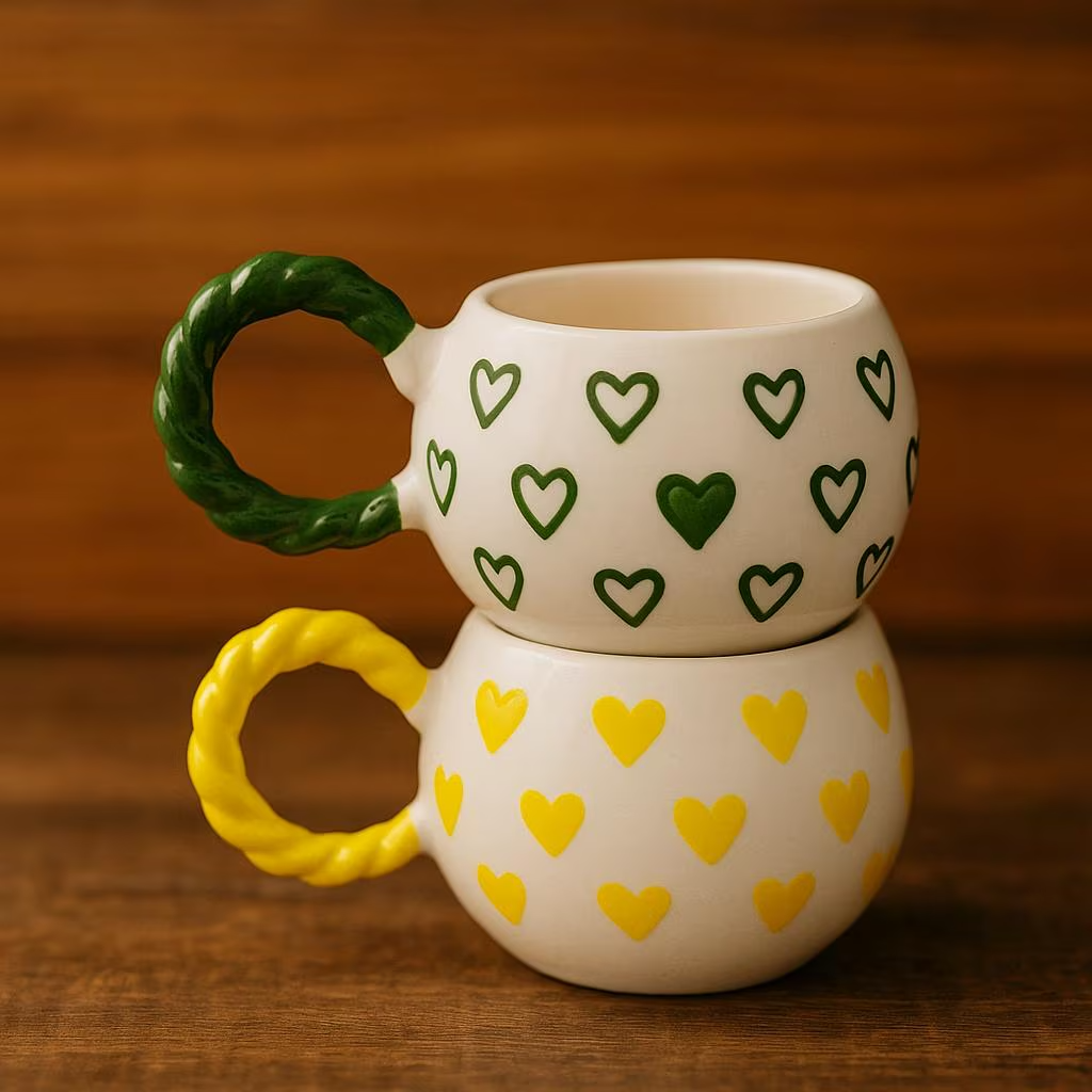 Handmade Ceramic Mugs with Mini Heart Embossed Design Set of 2 - handmade ceramic mugs mini heart embossed cozy kitchen
