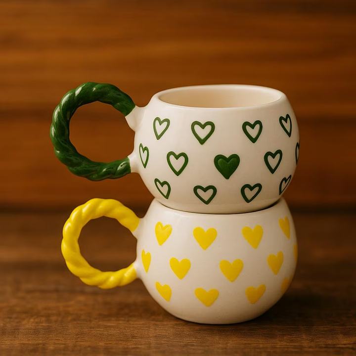 Handmade Ceramic Mugs with Mini Heart Embossed Design Set of 2 - handmade ceramic mugs mini heart embossed cozy kitchen