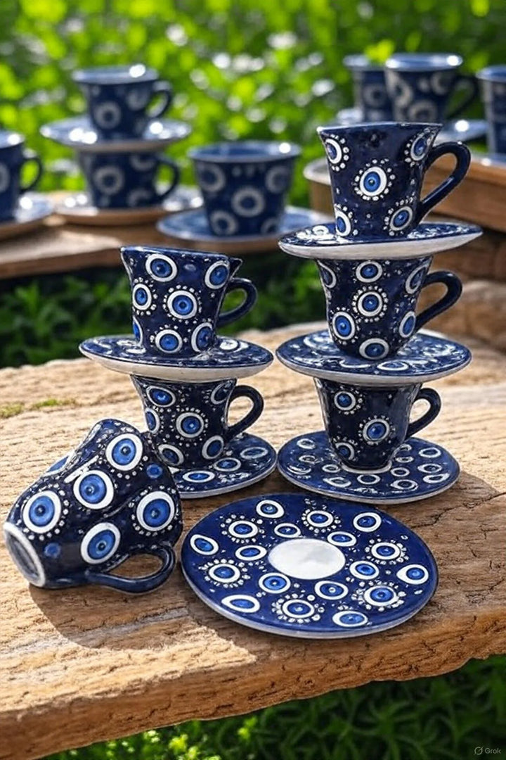 Handmade Evil Eye Coffee Cup Set for Turkish Rituals - handmade evil eye turkish coffee cup set