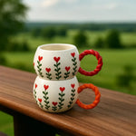 Handmade Floral Ceramic Mugs with Bubble Handle Set of 2 - Shop for Stylish Use handmade floral ceramic mugs bubble